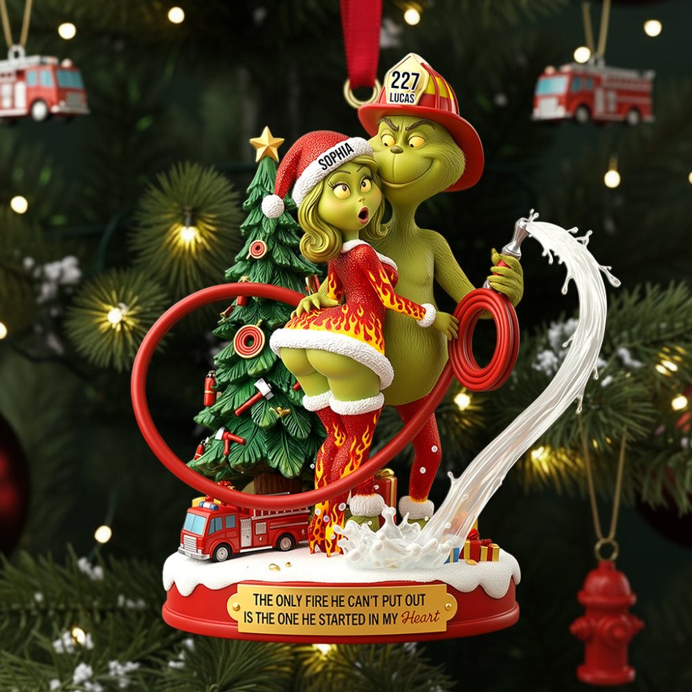 The Only Fire He Can'T Put Out - Funny Firefighter Green Monster Personalized Christmas Ornament For Couples - Image 4