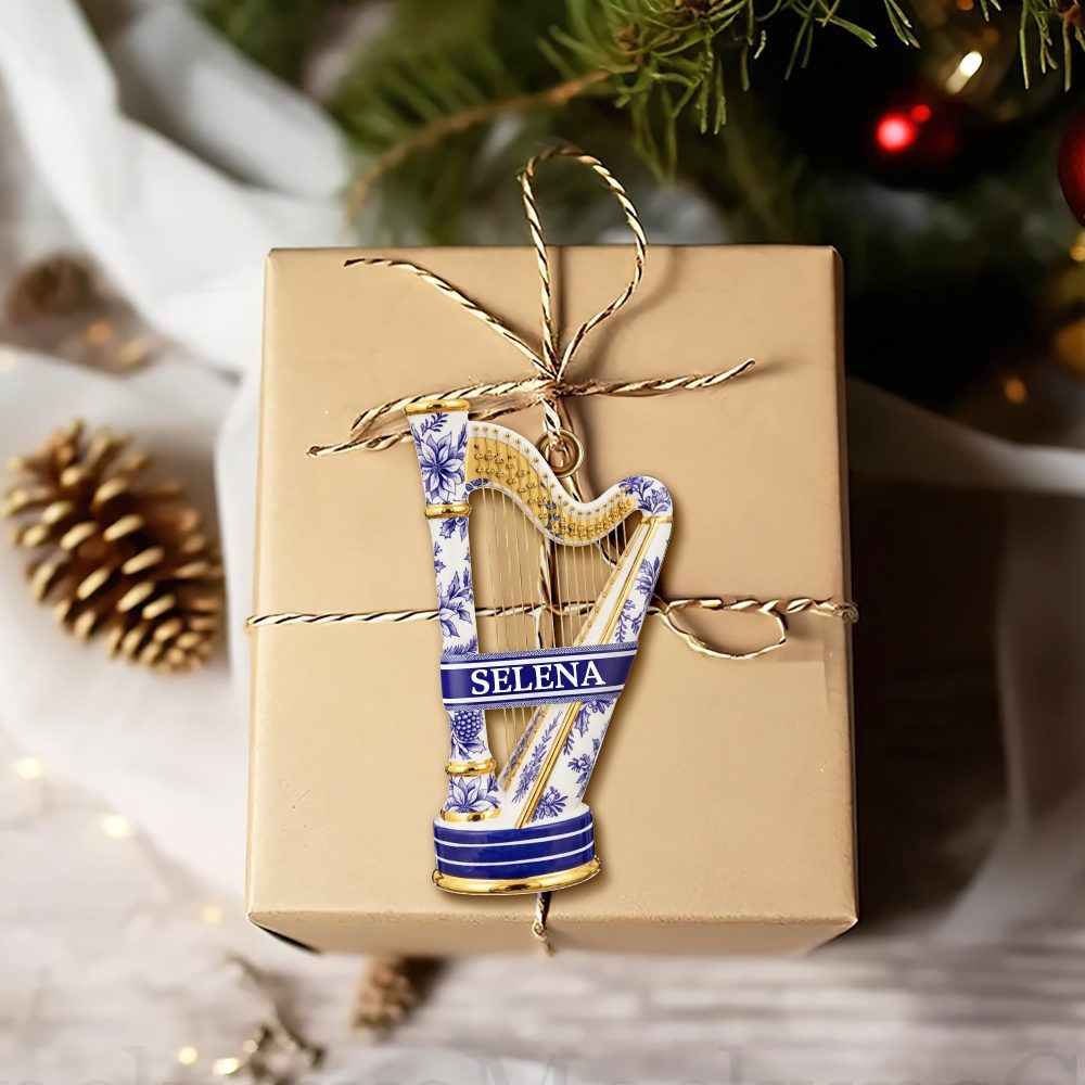 “Note The Melody Of Memories” - Harp Toile De Jouy Ornament - Personalized Gift For Music Lovers - Image 2