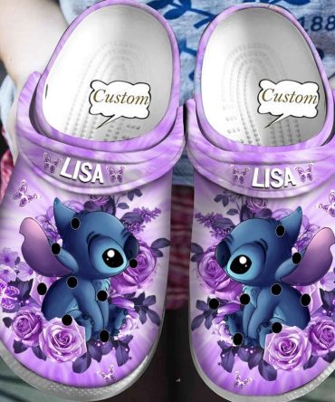 Lilo & Stitch Crocs Custom Purple Cartoon Character Clogs With Floral Design – Personalized Name, Cute & Comfortable Footwear For All Ages