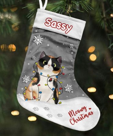 Personalized Cat Christmas Stocking - Cute Festive Design With Lights & Snowflakes