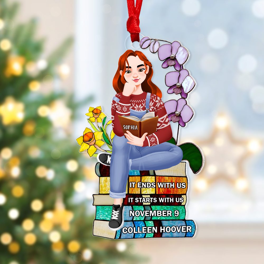 Personalized Christmas Gifts For Book Lovers Ornament 01Hupu160924Pa A Girl Sitting On Stack Of Books Reading - Image 3
