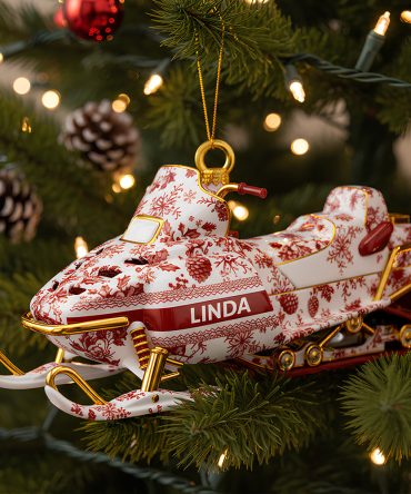“Celebrate The Thrill Of Winter!” - Snowmobile Toile De Jouy Ornament - Personalized Christmas Gift