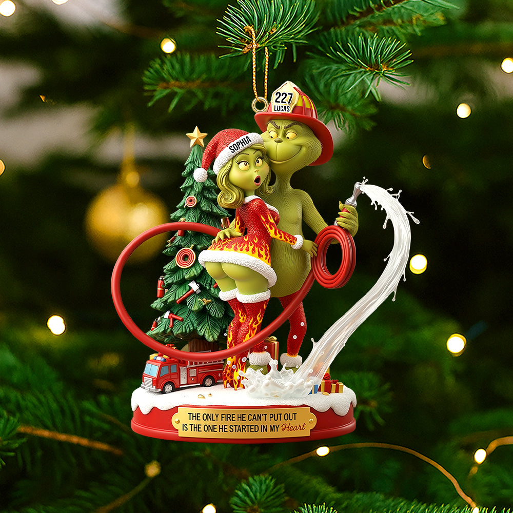 The Only Fire He Can'T Put Out - Funny Firefighter Green Monster Personalized Christmas Ornament For Couples - Image 2