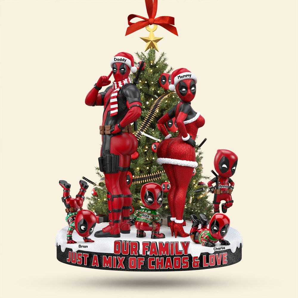 Our Family: Just A Mix Of Chaos & Love - Personalized Red Masked Family Ornament - Image 3