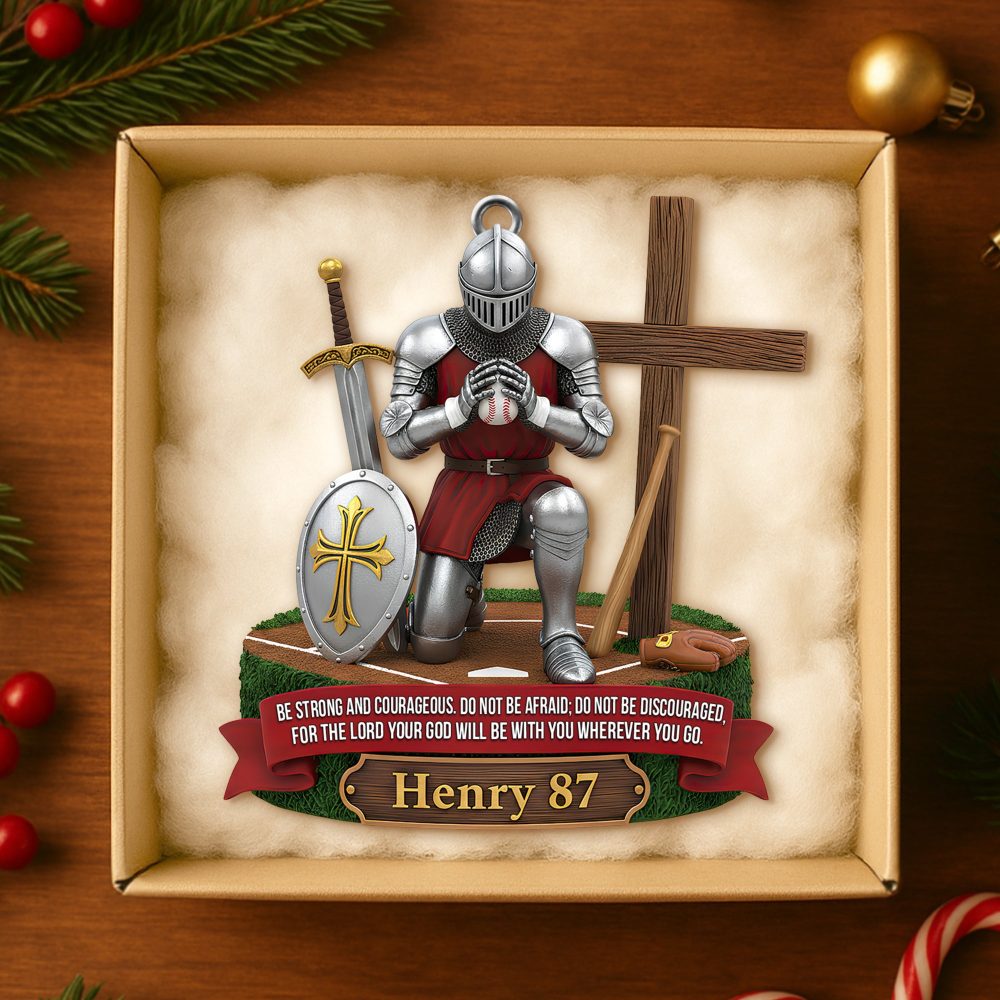 Be Strong & Courageous – Personalized Knight Baseball Ornament - Image 2