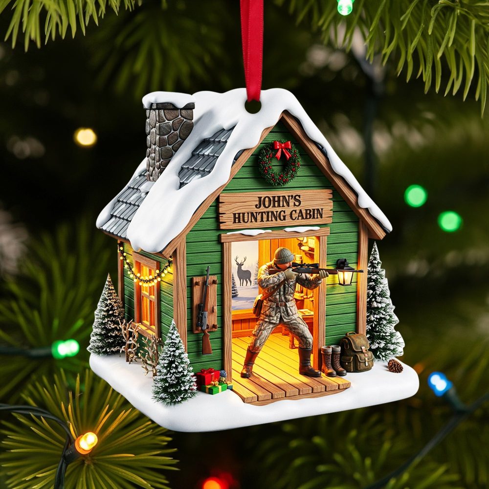 Hunting Cabin Christmas Ornament - Personalized Gift For Hunters