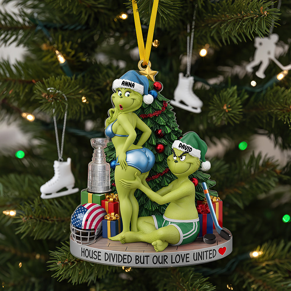 “House Divided But Our Love United” - Personalized Funny Ice Hockey Christmas Ornament - Custom Gift For Couples, Hockey Fans, And Holiday Celebrations