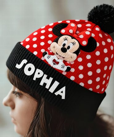 Personalized Minnie Mouse Beanie – Custom Name Winter Hat For Kids With Pom Pom