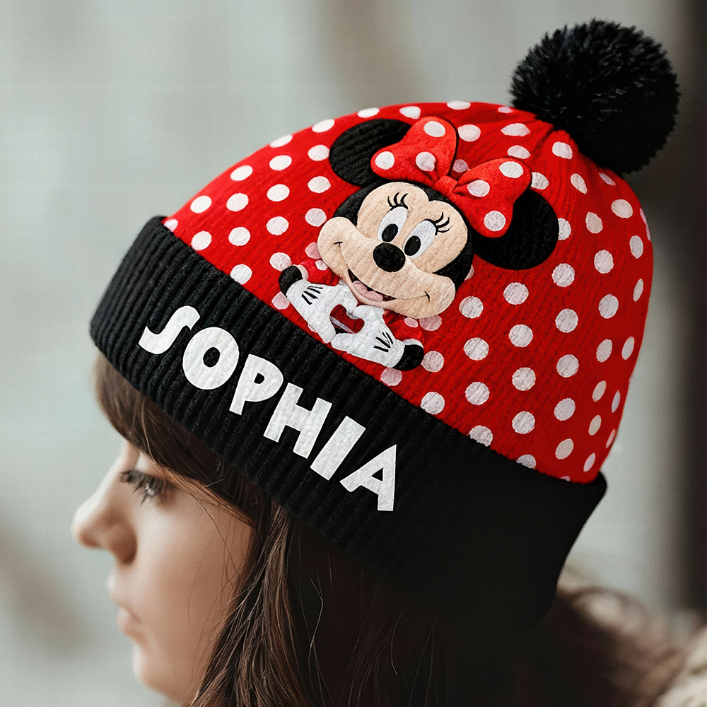 Personalized Minnie Mouse Beanie – Custom Name Winter Hat For Kids With Pom Pom