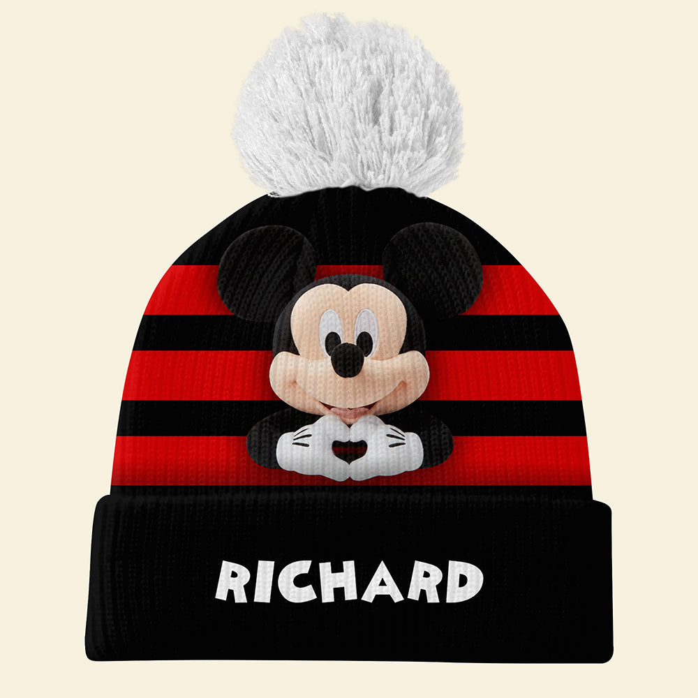 Cozy Custom Name Beanie - Cute Mouse Design With Pom Pom For Kids & Adults