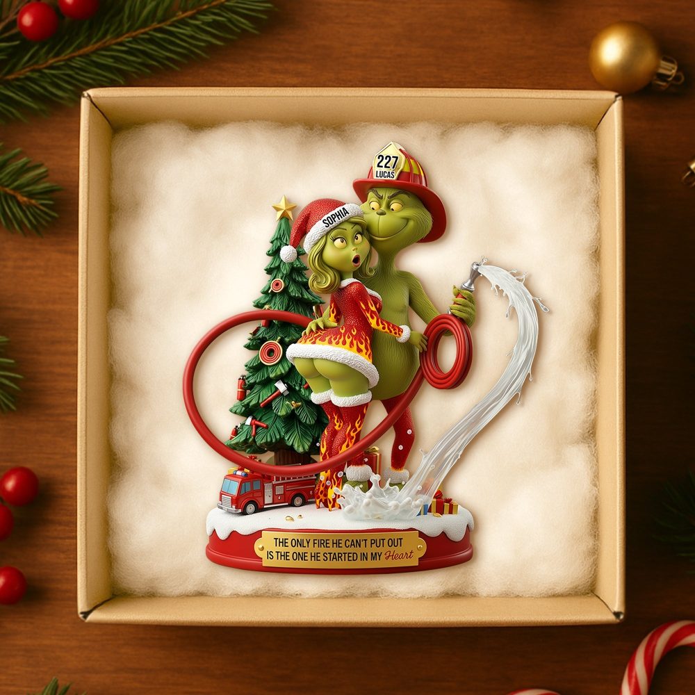 The Only Fire He Can'T Put Out - Funny Firefighter Green Monster Personalized Christmas Ornament For Couples - Image 3