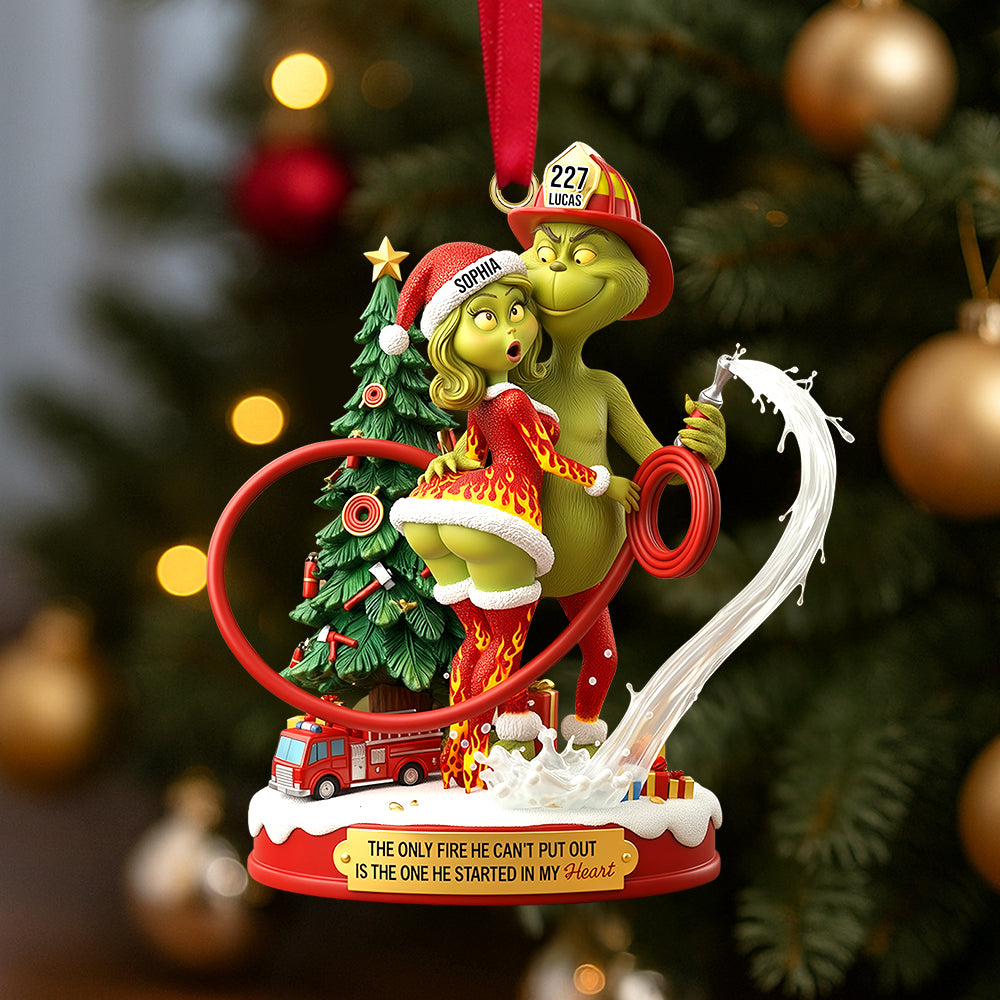 The Only Fire He Can'T Put Out - Funny Firefighter Green Monster Personalized Christmas Ornament For Couples