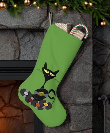 Festive Cat Christmas Stocking - Green Fireplace Decor With Gifts & Candy Canes - Perfect Holiday Accent