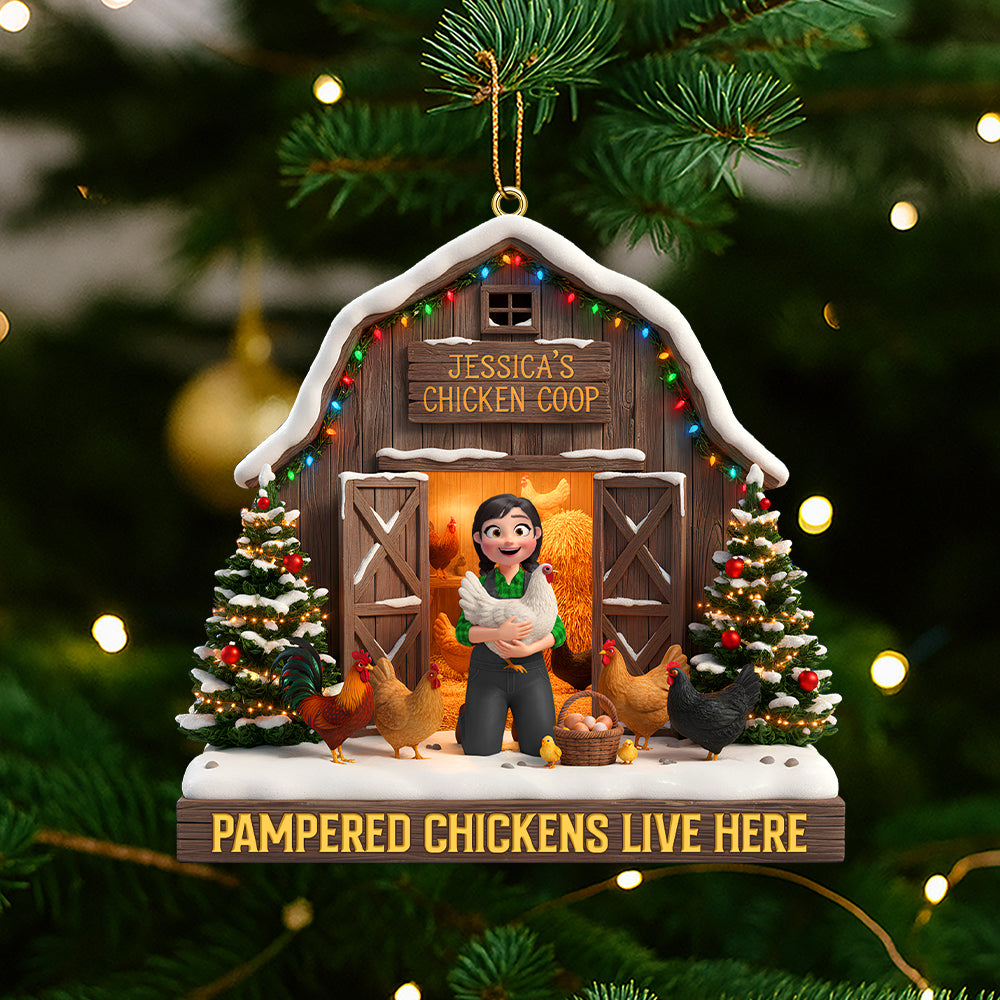 Pampered Chickens Live Here - Personalized Christmas Chicken Coop Ornament - Image 3