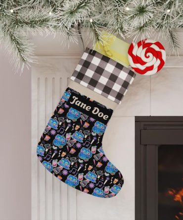 Custom Name Black Festive Stocking With Fun Cartoon Print - Perfect Holiday Gift!