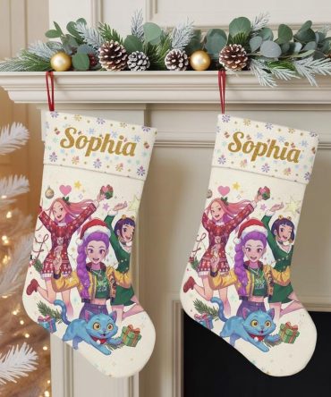 Personalized Kids' Christmas Stocking - Festive Anime Design With Name - Perfect Holiday Decor