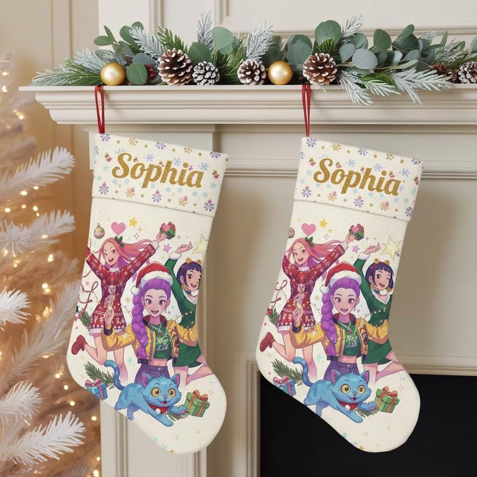 Personalized Kids' Christmas Stocking - Festive Anime Design With Name - Perfect Holiday Decor