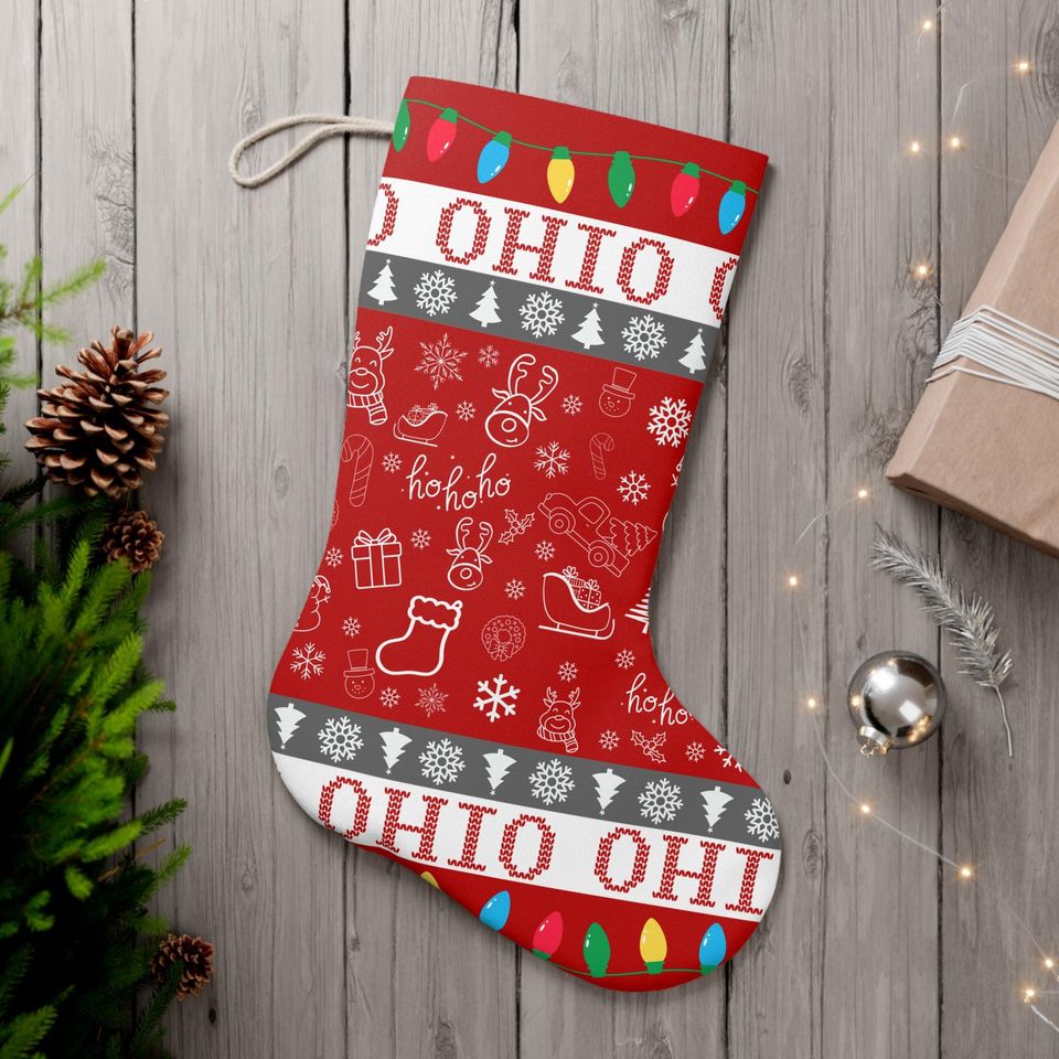 Festive Ohio Christmas Stocking - Perfect Holiday Decor & Gift - Red With Lights & Snowflakes
