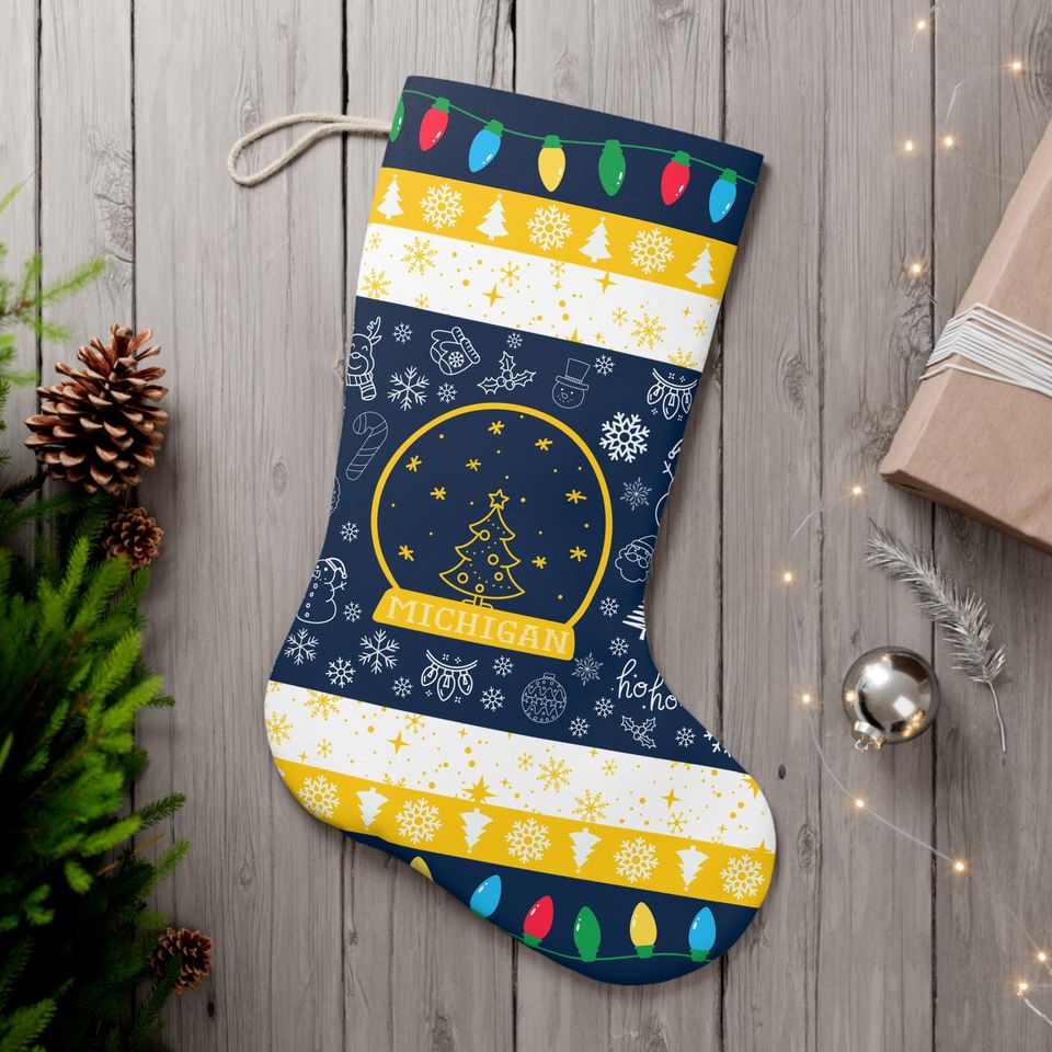 Festive Michigan Christmas Stocking - Holiday Decor With Lights & Snowflakes