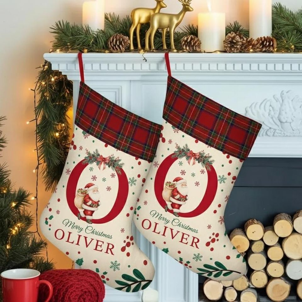 Personalized Christmas Stocking - Santa Design, Custom Name, Festive Holiday Decor