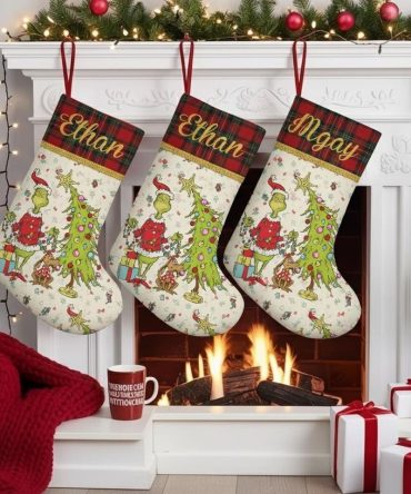 Personalized Grinch Funny Character Christmas Stocking, Custom Stockings With Name, Funny Holiday Fireplace Decor, Family Xmas Gift