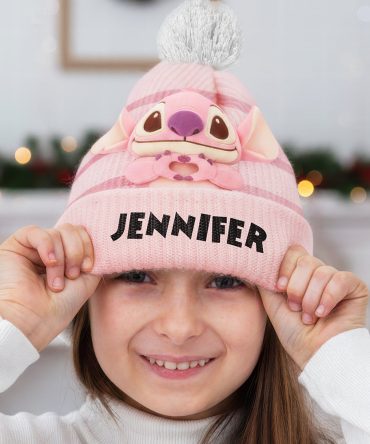 Custom Pink Kids Beanie With Cute Character & Pom-Pom - Personalized Winter Hat Gift