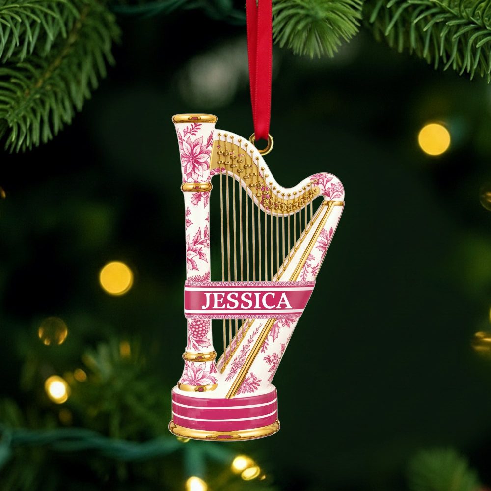 “Note The Melody Of Memories” - Harp Toile De Jouy Ornament - Personalized Gift For Music Lovers - Image 3