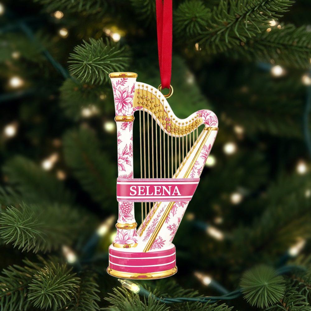 “Note The Melody Of Memories” - Harp Toile De Jouy Ornament - Personalized Gift For Music Lovers