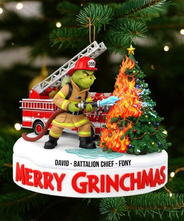 Merry Grinchmas: Personalized Firefighter Acrylic Ornament - A Unique Gift For Firefighters, Grinch Fans, And Christmas Lovers