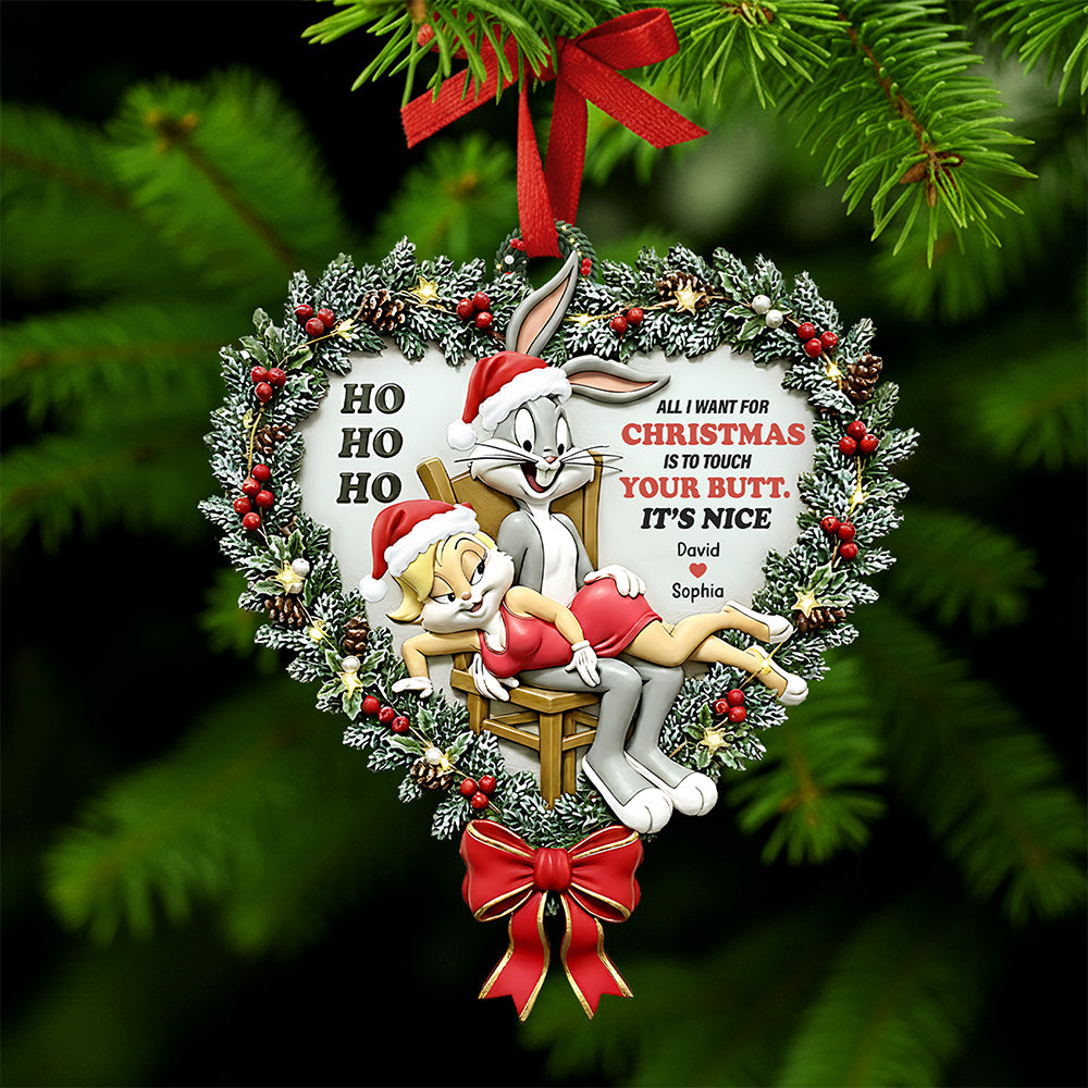 “All I Want For Christmas Is To Touch Your Butt” - Personalized Mischievous Rabbit Couple Christmas Ornament - Custom Gifts For Couples And Loved Ones - Image 2