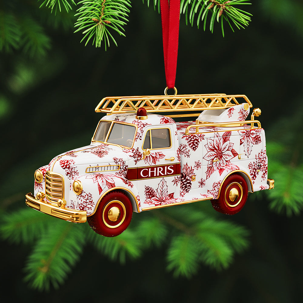 “Bring Joy This Christmas With A Personalized Touch” - Fire Truck Firefighter Toile De Jouy Custom Shape Acrylic Ornament - Unique Gift For Loved Ones