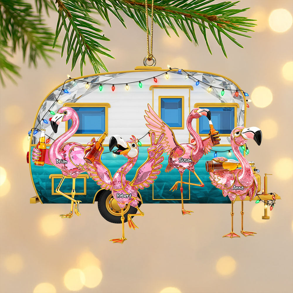 Flamingo Family Adventure - Personalized Camping Ornament For Loved Ones