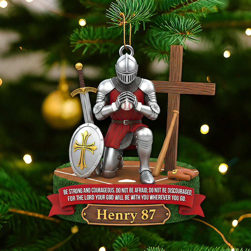 Be Strong & Courageous – Personalized Knight Baseball Ornament - Image 3