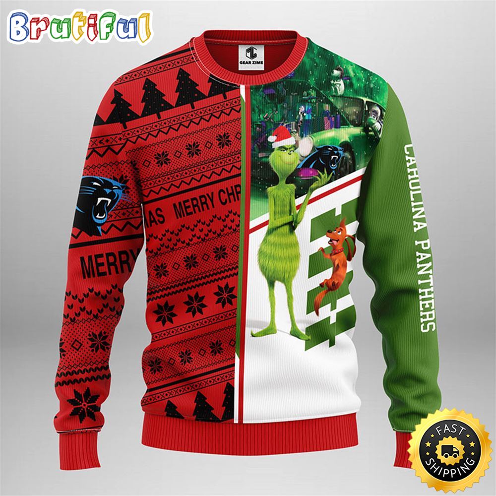 Carolina Panthers Christmas Ugly Christmas Sweater Grinch And Scooby-Doo Show Your Team Spirit