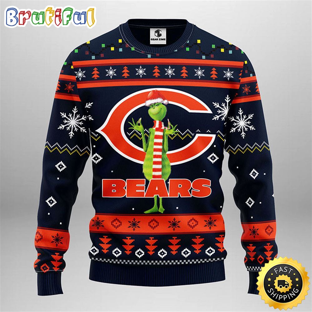 Chicago Bears Christmas Ugly Christmas Sweater Print Funny Grinch Show Your Team Spirit