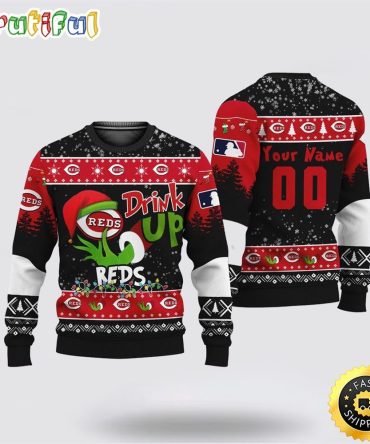 Custom Mlb Cincinnati Reds Ugly Christmas Sweater Grinch Drink Up Christmas Gift For Football Fans