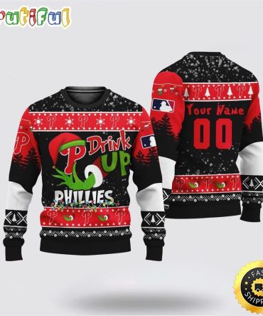 Custom Mlb Philadelphia Phillies Ugly Christmas Sweater Grinch Drink Up Christmas Gift For Football Fans