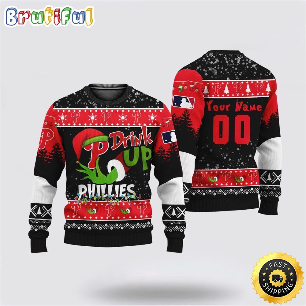 Custom Mlb Philadelphia Phillies Ugly Christmas Sweater Grinch Drink Up Christmas Gift For Football Fans