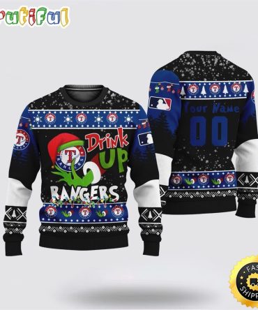 Custom Mlb Texas Rangers Ugly Christmas Sweater Grinch Drink Up Christmas Gift For Football Fans