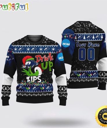 Custom Ncaa Akron Zips Ugly Christmas Sweater Grinch Drink Up Christmas Gift For Football Fans