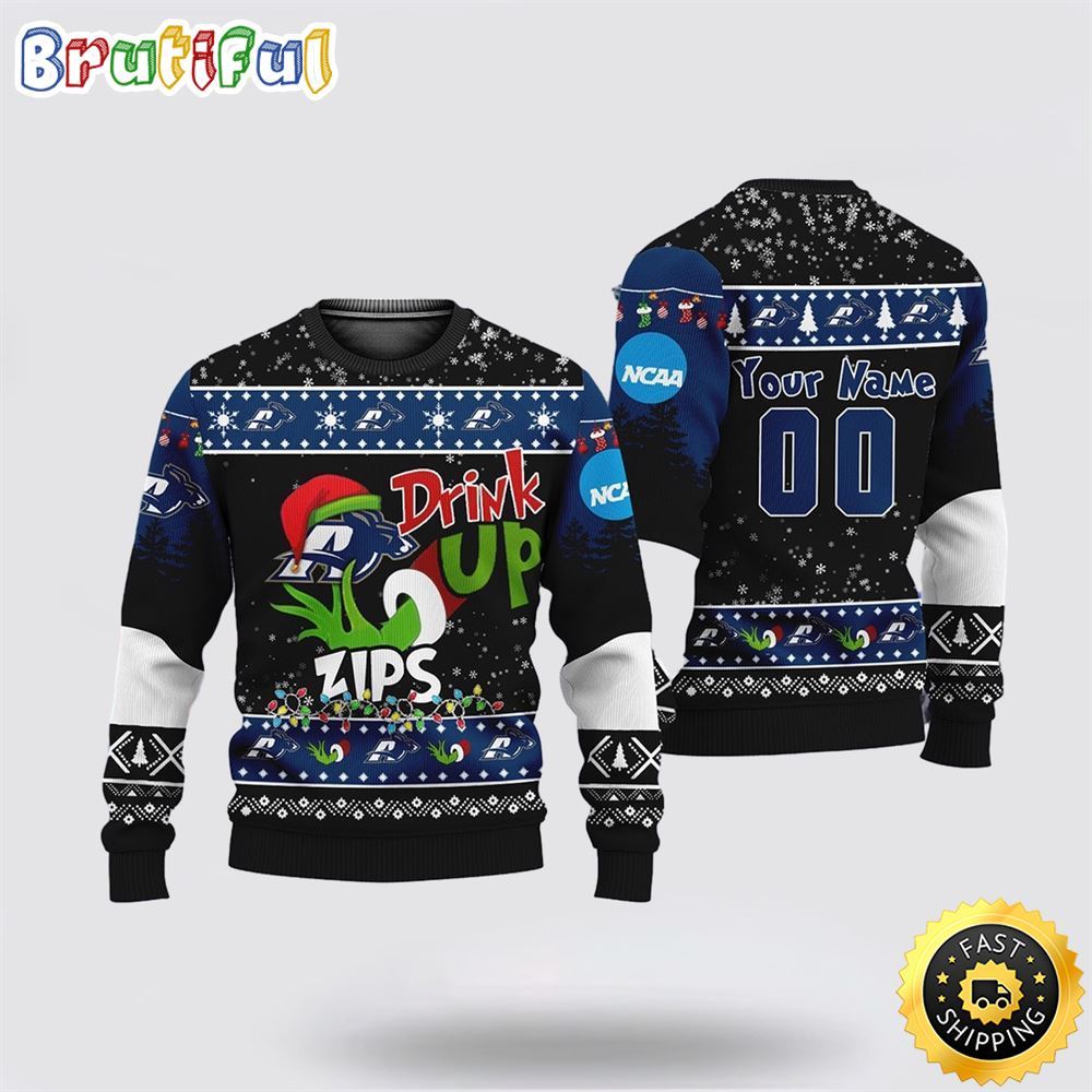 Custom Ncaa Akron Zips Ugly Christmas Sweater Grinch Drink Up Christmas Gift For Football Fans