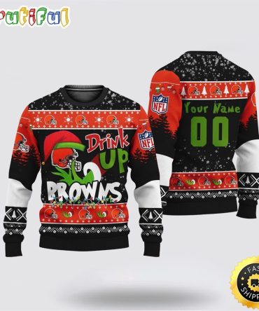 Custom Nfl Cleveland Browns Ugly Christmas Sweater Grinch Drink Up Christmas Gift For Football Fans