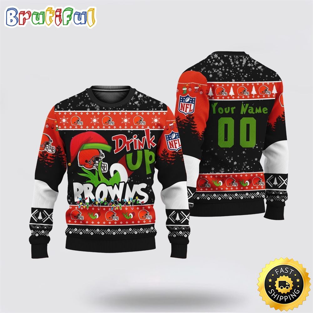 Custom Nfl Cleveland Browns Ugly Christmas Sweater Grinch Drink Up Christmas Gift For Football Fans
