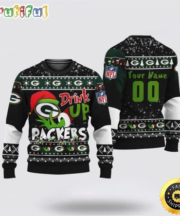 Custom Nfl Green Bay Packers Ugly Christmas Sweater Grinch Drink Up Christmas Gift For Football Fans