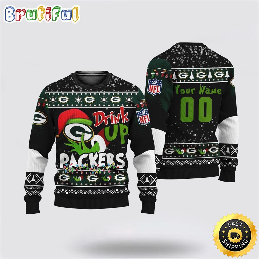Custom Nfl Green Bay Packers Ugly Christmas Sweater Grinch Drink Up Christmas Gift For Football Fans