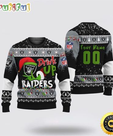 Custom Nfl Las Vegas Raiders Ugly Christmas Sweater Grinch Drink Up Christmas Gift For Football Fans