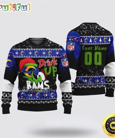 Custom Nfl Los Angeles Rams Ugly Christmas Sweater Grinch Drink Up Christmas Gift For Football Fans