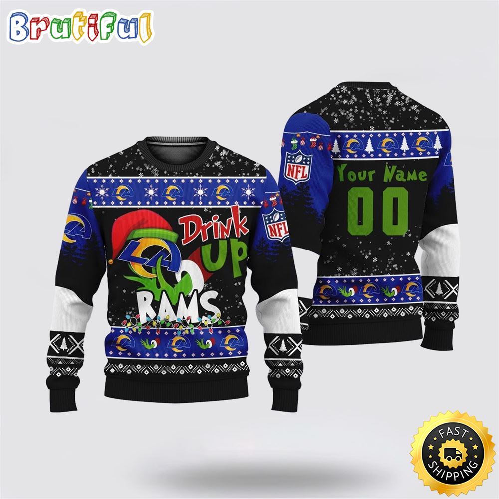 Custom Nfl Los Angeles Rams Ugly Christmas Sweater Grinch Drink Up Christmas Gift For Football Fans