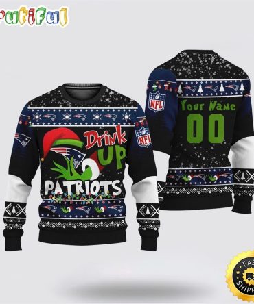 Custom Nfl New England Patriots Ugly Christmas Sweater Grinch Drink Up Christmas Gift For Football Fans