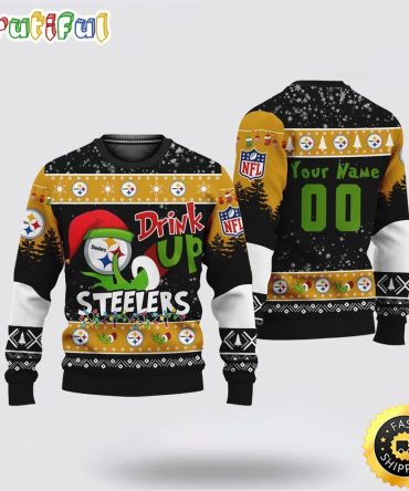 Custom Nfl Pittsburgh Steelers Ugly Christmas Sweater Grinch Drink Up Christmas Gift For Football Fans